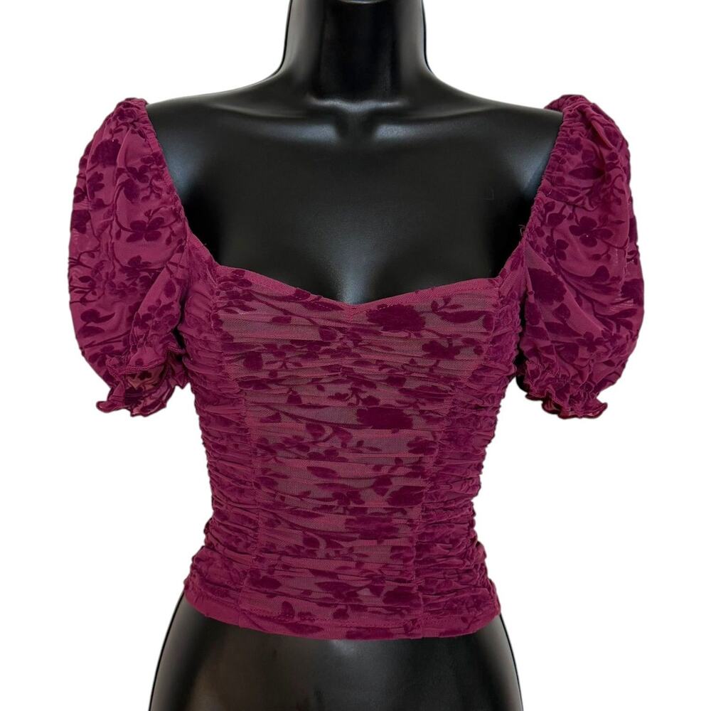 Madeline & Monroe Y2K Style Magenta Velvet Burnout Mesh Ruched Puff Sleeve Top S